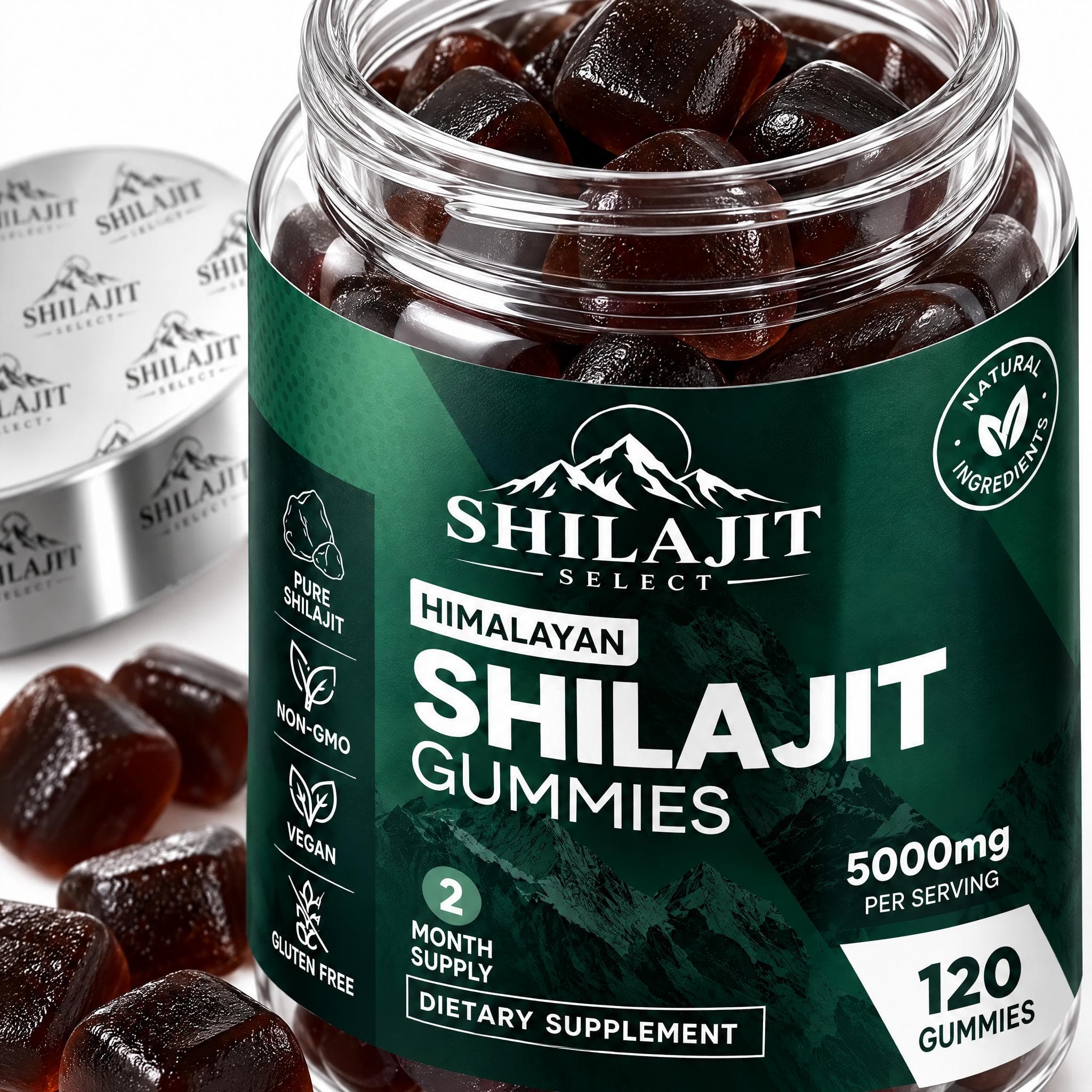 Geopende pot Shilajit Gummies met losse gummies van dichtbij